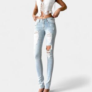 Vintage Y2K Light Blue Denim Destroyed Distressed Low Rise Skinny Jeans Size XS